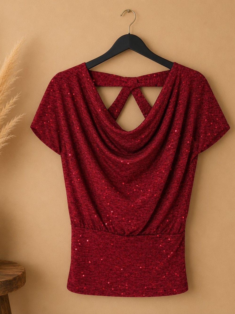 Women’s Red Draped Neck Short Sleeve Top